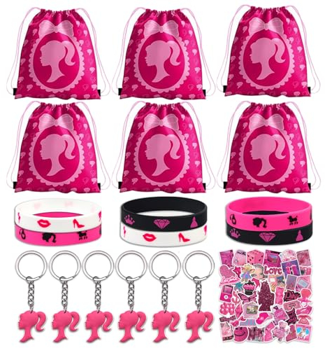 Juego de 68 obsequios para fiestas de cumpleaños infantiles Princess, 6 bolsas de fiesta con cordón, 6 llaveros, 6 pulseras de silicona, 50 pegatinas para niños, bolsas de fiesta, regalos para