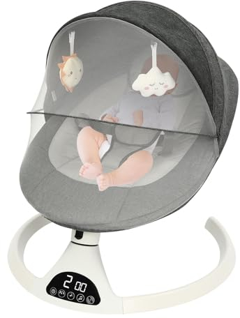 HINOPY - Babywippe, Elektrische Babyschaukel mit Musik Elektrischer Schaukelstuhl mit Fernbedienung, Timer, Abnehmbarem Moskitonetz und Baldachin für babies aged 0-12 months (Grau)