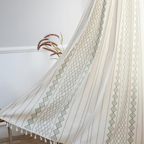 ColorBird Salbeigrün Boho Vorhänge für Schlafzimmer, Bauernhaus-Leinen, 160 cm Länge, 2 Paneele, Set mit Quasten, geometrisch, bedruckt, Lichtfilterung, Fenstervorhänge für Wohnzimmer, Esszimmer