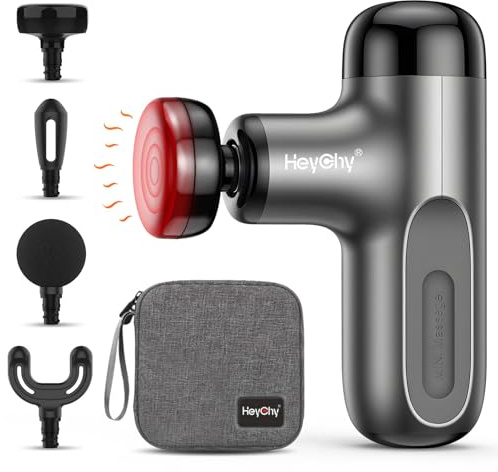 HEYCHY Mini Massage Gun With Heat, Deep Tissue Massage Gun, Portable Percussion Muscle Massager With 4 Massage Heads For Athletes