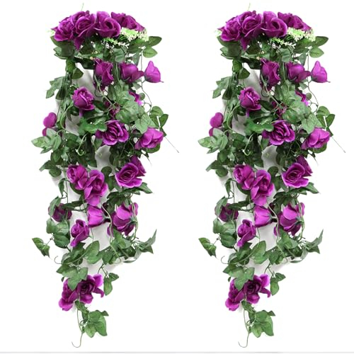 Hocadrv 2 Stück Kunstpflanze Hängend 90CM Frühlingsdeko Kunstblumen Hängend Gefälschte Seide Rose Blumen Kunstpflanze Kunstblumen Balkon Dekoration für Außen Innen Büro Hochzeit Terrasse(Lila)