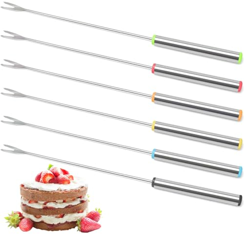 Tadipri 6 Piezas Tenedores para Fondue de Acero Inoxidable Cubiertos para Fondue Aptos para Lavavajillas con Mango de Madera Pinchos de Fondue Tenedores para Fondue de Queso Frutas Asados malvaviscos