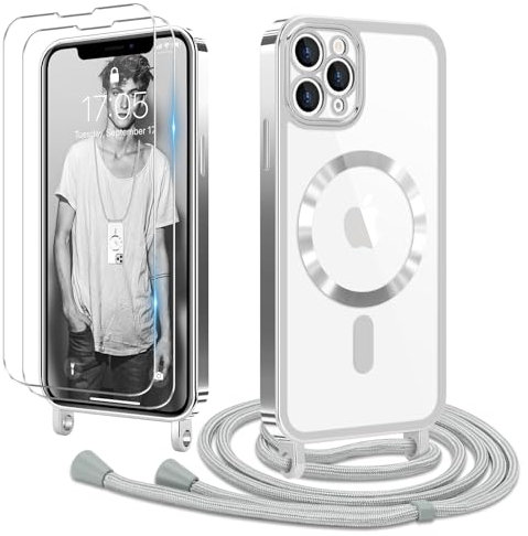 Ethanger Handyband für iPhone 11 Pro Max Hülle mit Band + 2 Stück Panzerglas Schutzfolie Transparent Silikon Handyhülle Magnetische Schutzhülle Case zum Kordel Abnehmbar für iPhone 11 Pro Max Silber