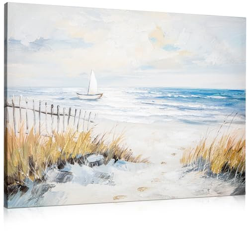 Arborus Gemälde Leinwand 60 x 80 cm Ölgemälde Strand Meer Wandkunst Handgefertigter Wandbild Segelboot Gemälde auf Leinwand Strand auf Leinwande Wanddeko Wohnzimmer Schlafzimemr Modern Deko Bild