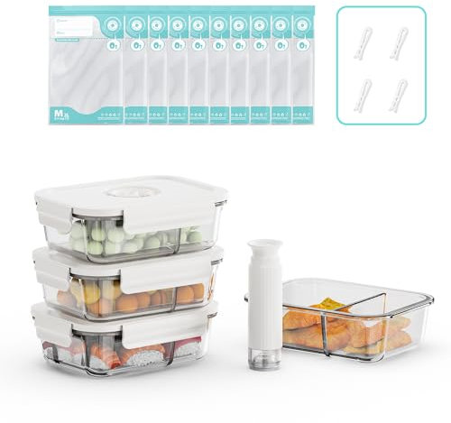 Annalocker 4 pièces alimentaires en verre hermétiques avec couvercles,verre avec traqueur de date & pompe - Anti-Odeur,sans BPA,pour Four,Micro-Ondes,Lave-Vaisselle,congélateurt (S).