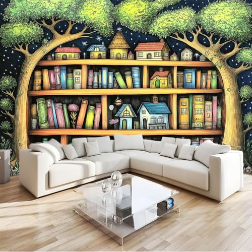 Vlies Fototapete Bleistiftzeichnung Zauberwald Bücherregal Bücher - Foto Tapete Schlafzimmer Wohnzimmer Moderne Vliestapete 400 x 280 cm Wandtapete Motivtapeten Bildtapete 3D Effekt Wand Dekoration