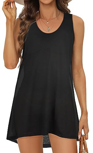 Damen Badeanzug Sommer lässig Tank Kleider Strand Bademode Bikini Cover Up | Leicht und bequem, Strandkleid Luftig Rundhals Sonnenkleid Ärmellos Strandtunika, Strandshirt Lose Fit für tägliche Outfits