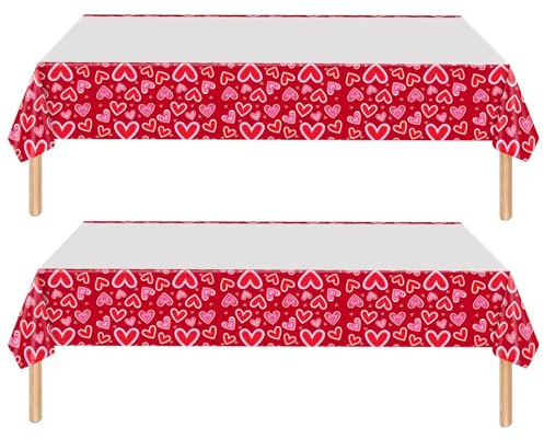 Valentinstag-Tischdecke für Valentinstag, Rot, Herz-Tischdecke für Rechteck, 137,2 x 274,3 cm, wasserdichte Kunststoff-Tischdecke für Valentinstag, Party, Hochzeit, Jahrestag, Geburtstag, 2 Stück
