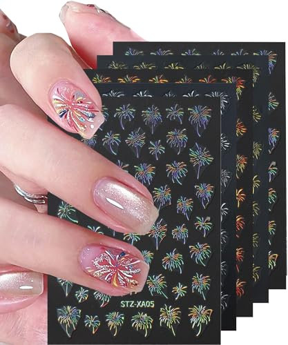 Moguri 4 Sheets Firework Nail Stickers, Silver Gold Star Moon Nail Art Decals, Gel Nail Accessories for Technicians, Decorations for Gel Nails, Nail Transfers for Autumn Designs