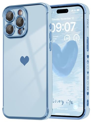 DEFBSC Compatible with iPhone 13 Pro Case for Girls Women, Fashion Cute Side Love Heart Pattern Plated Edge Soft TPU Bumper Shockproof Protective Phone Case - Blue