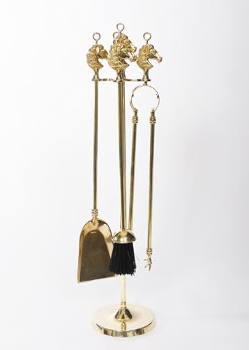 Kaminbesteck Pferd Kamingarnitur 70cm poliertes Messing Gold Kaminset 5-teiliges Set, Schürhaken, Ascheschaufel, Besen, Zange & Ständer, Kamingarnitur, Gold