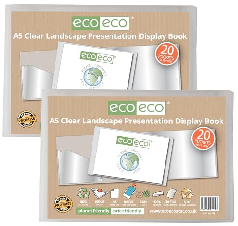 eco-eco Präsentationsmappe, A5, 50% recycelt, 20 Hüllen, transparent, Querformat, Aufbewahrungsetui, Kunstmappe mit Kunststoffhüllen, 2 Stück, eco174 x 2