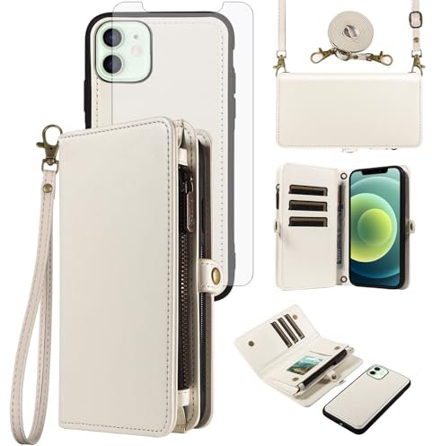 Phone Case for iPhone 12 Pro iPhone12 6.1 Zipper Wallet Detachable Cell Cover with Tempered Glass Screen Protector Crossbody Lanyard Strap Flip Card Holder Slot iPhone12pro 5G i 12s 12pro White