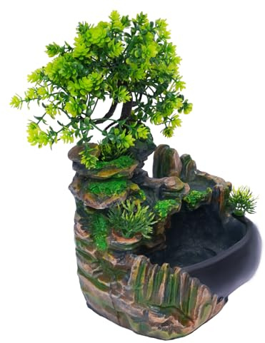 Zimmerbrunnen mit LED Beleuchtung, Tischbrunnen Wasserfall, Grüne Pflanze Brunnen, GartenAquariumHarz Desktop-Brunnen, für Platzierung Wohnzimmer, büro 19 x13 x 29 cm