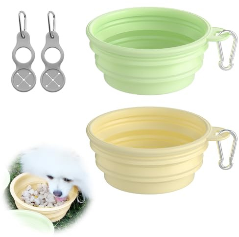 Wefaly Bebedero Perro Plegable, 2 Pieces Bebedero Perro Portatil 350 ml de Silicona para Mosquetón Dog Bowl Plegable para Gatos Perros Viajes Cámping y Paseos (Amarillo + Verde)