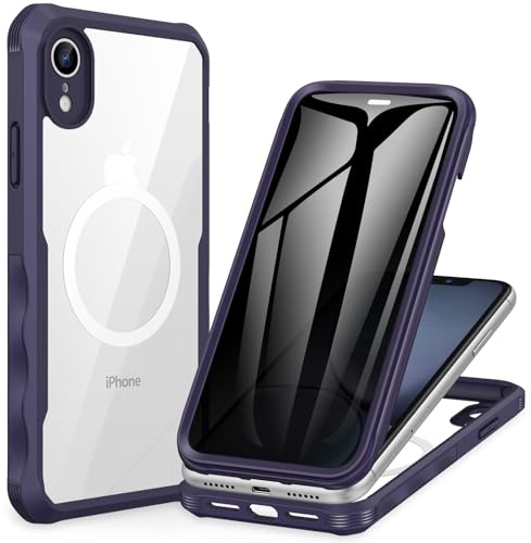 CENHUFO Magnetica Privacy Cover iPhone XR [Compatibile con Magsafe] Protezione Schermo Anti Spia Vetro Temperato Integrata, Custodia Antiurto 360 Gradi Rugged Fronte Retro Doppia Faccia Case -Viola