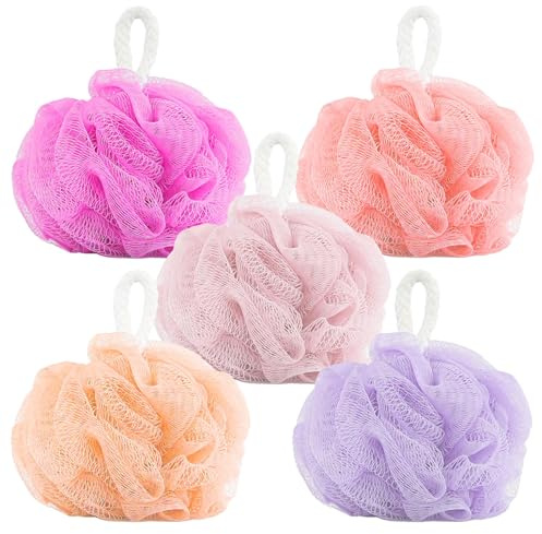 GEEZY Mesh Loofah Shower Puff Set of 5 – Shower Sponge Multipack with Zip Mesh Bag, Assorted Colours - Soft Bath Sponge Wash Scrunchies, Exfoliating Body Scrubber for Men & Women