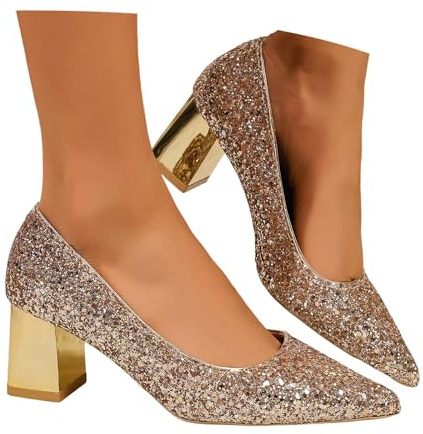 Glitzer Pumps Damen, Elegant Und Bequem Schuhe Spitzer Mit Blockabsatz Stabil Hochzeitsschuhe Brautschuhe Tanzschuhe Für Karneval, Fasching, Party