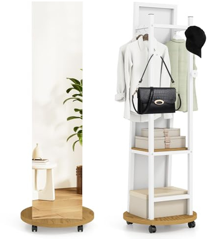 COSTWAY 2 in 1 Ganzkörperspiegel Garderobenständer, freistehender Kleiderständer mit 3 Haken, offenen Ablagefächern & Universalrädern, Standspiegel für Schlafzimmer, Kleiderschrank & Flur (Natur)