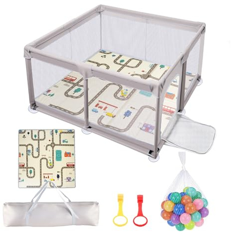 Homucasa Laufstall Baby 120x120cm mit Matratze, 65cm Hohe Laufgitter & -ställe mit 600D Oxford, Playpen mit 50 Bällen 2 Zugringen & 1 Tasche, Sicherer Großzügiger Spielbereich für Indoor & Outdoor