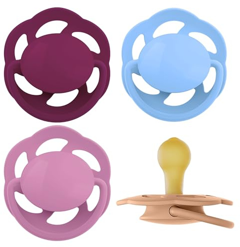 nip Cherry Schnuller 6+ Monate 4er Pack Kirschform Latex stillfreundlich | kiefergerecht zahnfreundlich hautfreundlich natürlicher Rundsauger Naturkautschuk Made in Germany Größe 2 lila/hellblau