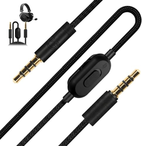 Maptrees Cable de Repuesto para Auriculares Gaming 2m, Cable Audio Trenzado con Control de Volumen y Silencio, Compatible con Logitech G Pro X G433 G233, Jack 3.5mm Macho a Macho
