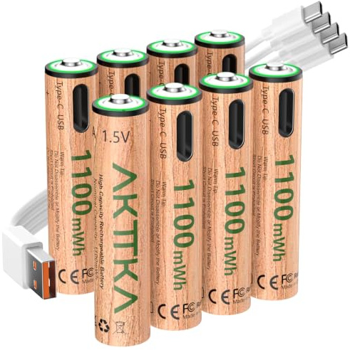 AKTTKA AAA Akkus wiederaufladbar 1100 mWh, 8er Pack, 1,5V Lithium, LR03 | USB-C Schnellladung 1-auf-4-Kabel, 500+ Zyklen, für Fernbedienung, Waage, Thermometer & Spielzeug