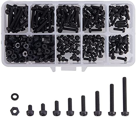 INCREWAY M3 x 5/6/8/10/12/15/20/25 mm Nylon Noir Kit d'assortiment de vis/écrou/rondelles, 480 pièces