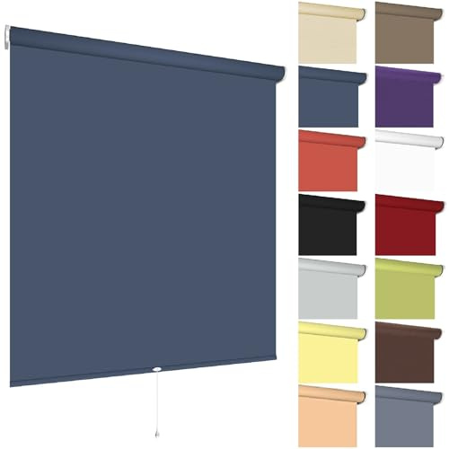 Springrollo Mittelzugrollo Schnapprollo viele Größen und Farben Montage Träger Metall Rollo Vorhang Blickdicht lichtdurchlässig Fenster Sonnenschutz Sichtschutz Blendschutz (60 x 180 cm, Dunkelblau)