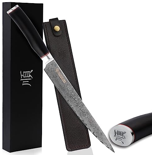 YOUSUNLONG Fleischmesser Filetiermesser Pro Sashimi-Messer 255mm - Linkshänder - Japanischer Damastgriff aus natürlichem Ebenholz mit Lederscheide