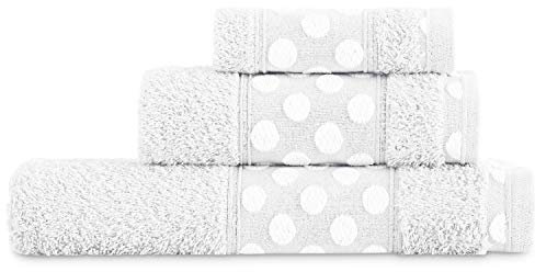 Juego de Toallas de Baño 3 Piezas Lisas. Calidad Rizo Algodon Egipcio 450 gr. Tamaños de Toallas de baño Tocador Lavabo y Ducha Sabana. Toallas baño Grandes. Cenefa Dibujo Lunares. Color Blanco
