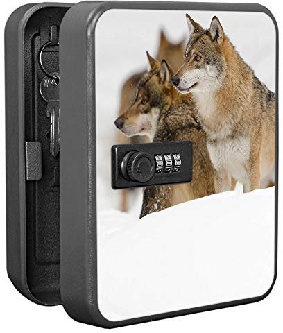 banjado Burg-Wächter Schlüsselkasten abschließbar für 20 Schlüssel/Schlüsselbox mit Zahlenschloss 16x20x8cm groß/Schlüsselaufbewahrung aus Stahlblech schwarz/Motiv Wölfe