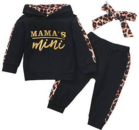Geagodelia Baby Girl Outfit Mama's Mini Clothes Set Newborn Clothing Long Sleeve Top + Leopard Pants Autumn Winter Baby Grows 0-24 Months (Hoodie - Black, 18-24 Months)