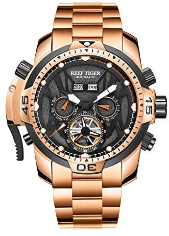 REEF TIGER Sport Herrenuhr Automatik Komplizierte Uhr mit Roségold Armband RGA3532 (RGA3532-PBOP)