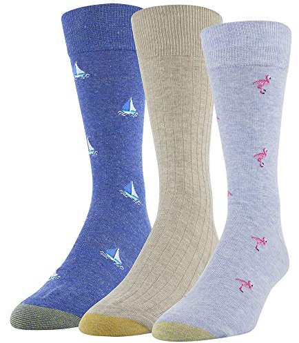 GOLDTOE Men's Canterbury Crew Socks 3 Pack, Chambrey Flamingo/Oatmeal Heather Rib/Royal Sailboats, Large