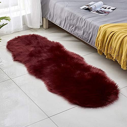 YIWOYI Kunstfell-Teppich, Schlafzimmer-Teppich, Plüsch-Bodenteppich, Kunstfell-Teppich, solide, flauschig, weich, zottelig, weinrot, 60 x 90 cm