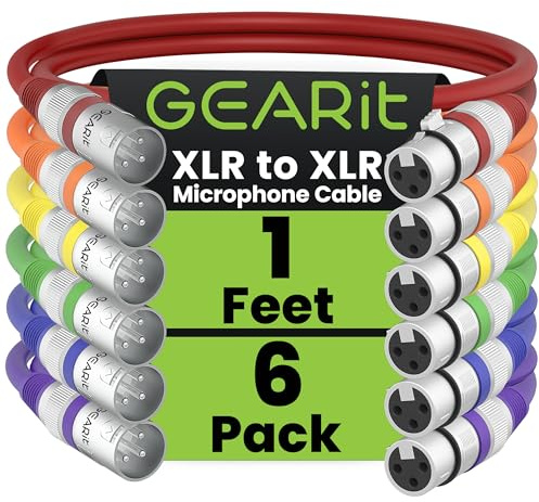 GearIT XLR to XLR Microphone Cable (1 Feet, 6 Pack) XLR Male to Female Mic Cable 3-Pin Balanced Shielded XLR Cable for Mic Mixer, Recording Studio, Podcast - Multi Colored, 1Ft, 6 Pack