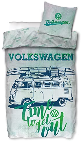 VW Volkswagen Bulli Bettwäsche Time 135 x 200 cm + 80 x 80 cm 100% Baumwolle Biber-Flanell-Qualität VW-Bus Oldtimer Car Retro Typ 2 T1 T2 T3 T4 Camper Van mit Reißverschluss Deutsche Größe 099