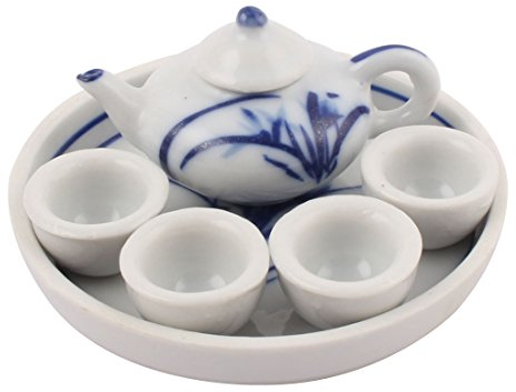Ruilogod Patrón de bambú de cerámica Home Office Mini tetera taza té artesanía ornamento conjunto
