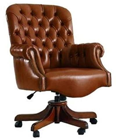 Casa Padrino Luxus Chesterfield Bürostuhl Braun 78 x 80 x H. 110-120 cm - Höhenverstellbarer Schreibtischstuhl mit Echtleder - Büromöbel - Chesterfield Möbel - Echtleder Möbel