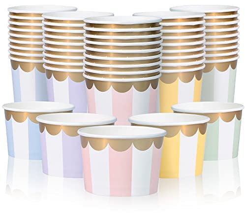 Coupes à Glace en Papier - 50 Unités de 9 Oz - Bols Jetables pour Desserts Chauds ou Froids, 5 Couleurs Rayées Pastel avec Dorure Découpée