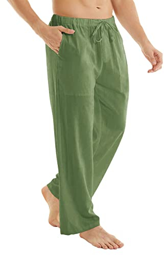 YuKaiChen Herren Leinenhose Herren Lang Sommerhose Weit Leicht Loose Fit Freizeithose Yoga Urlaub Strandhose mit Kordelzug Grün M