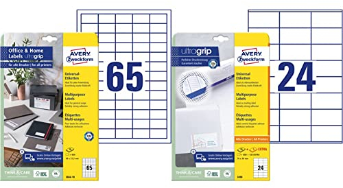 AVERY Zweckform 3666-10 Adressaufkleber (650 Klebeetiketten, 38x21,2 mm auf A4, bedruckbare Absenderetiketten, selbstklebende Adressetiketten) 10 Blatt, weiß & 3490 Adressaufkleber 30 Blatt, weiß