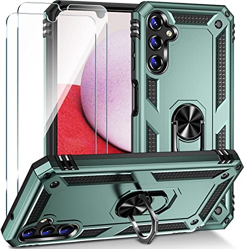 Galaxy A14 5G Case, Samsung A14 5G Case with Screen Protector [2 Pack], [Military Grade] 16ft. Drop Tested Shockproof Phone Cover with Ring Magnetic Kickstand for Samsung Galaxy A14 5G, Dark Green