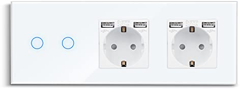 CNBINGO Interrupteur tactile avec double prise avec double ports USB-A 2,1 A – Prise Schuko USB encastrée – Interrupteur mural en verre double en blanc – Interrupteur tactile avec LED d'état – 500