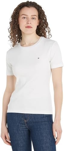 Tommy Hilfiger Damen T-Shirt Kurzarm New Cody Slim Crop Mock-Rollkragen, Weiß (Ecru), XL