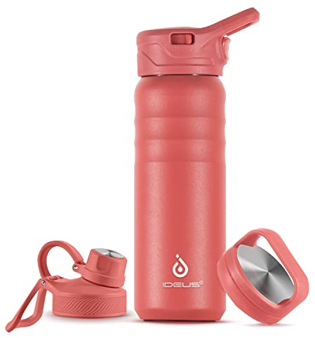 IDEUS Botella de agua aislada al vacío, termo de doble pared de acero inoxidable, cantimplora deportiva de metal con tapón de rosca a prueba de fugas (rojo, 24 onzas)