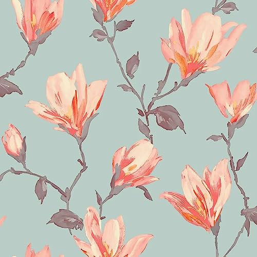 Leuzea Floral Blue Pink Wallpaper - Flowers Classic Traditional - Non-Woven Paste The Wall