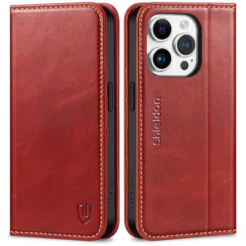 SHIELDON Hülle für iPhone 15 Pro, Lederhülle [Echtleder] [RFID Blocker] [Kartenfach] [Magnet] TPU Stoßfest Klapphülle Handyhülle Kompatibel mit iPhone 15 Pro 5G 6,1 - Retro Rot