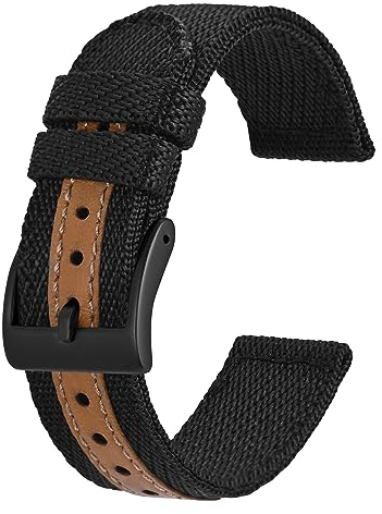 BISONSTRAP Sportliche Nylon Uhrenarmband, Militär Uhrenarmbänder für Herren, 18mm, Schwarz mit Schwarze Schnalle